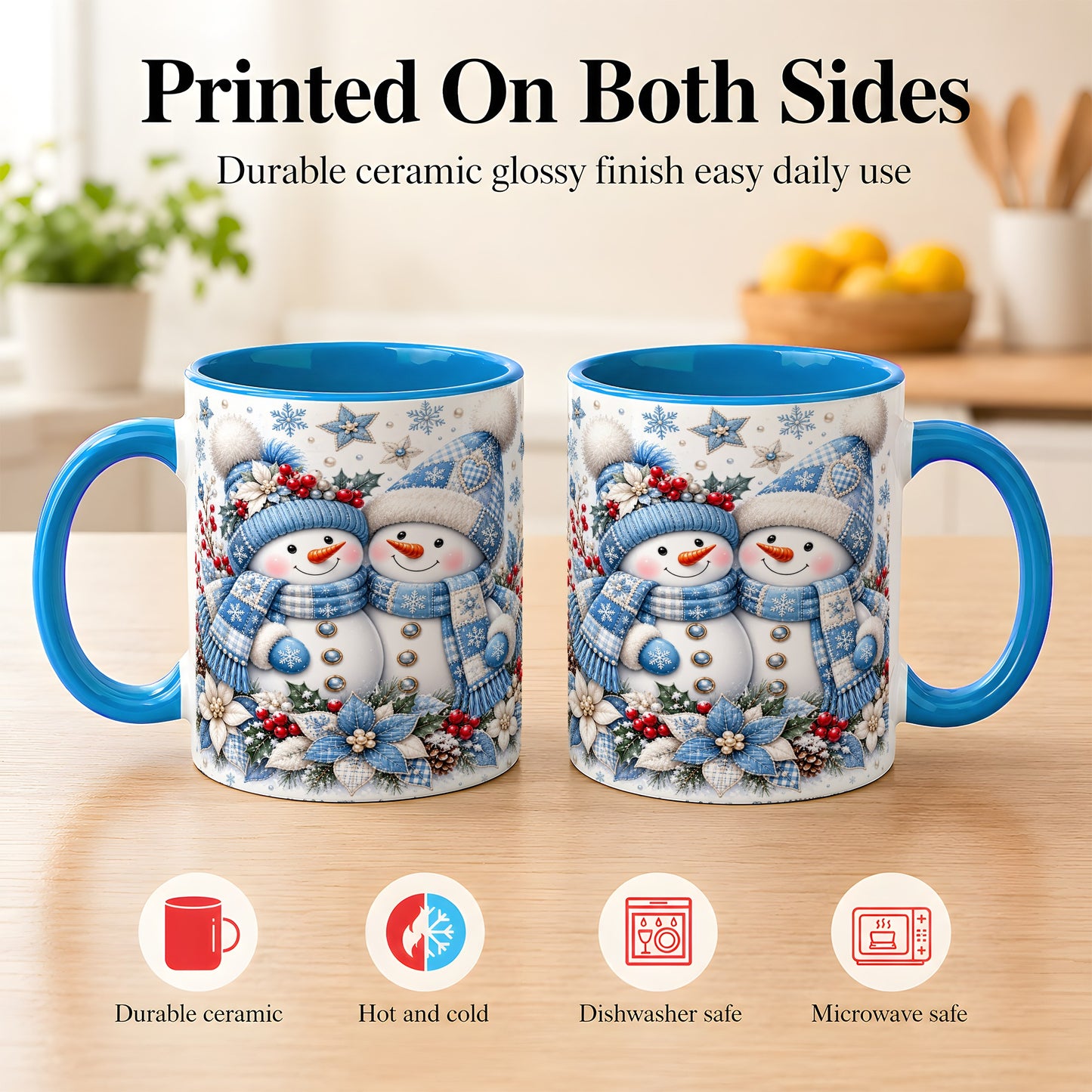 #pl[11oz|Blue] Snowman Couple Christmas Coffee Mug, Patchwork Winter Mug, Ceramic Cup
