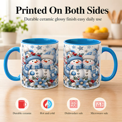 #pl[11oz|Blue] Snowman Couple Christmas Coffee Mug, Patchwork Winter Mug, Ceramic Cup