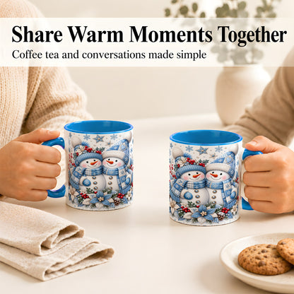 #pl[11oz|Blue] Snowman Couple Christmas Coffee Mug, Patchwork Winter Mug, Ceramic Cup
