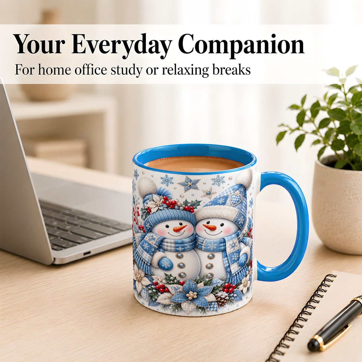 #pl[11oz|Blue] Snowman Couple Christmas Coffee Mug, Patchwork Winter Mug, Ceramic Cup
