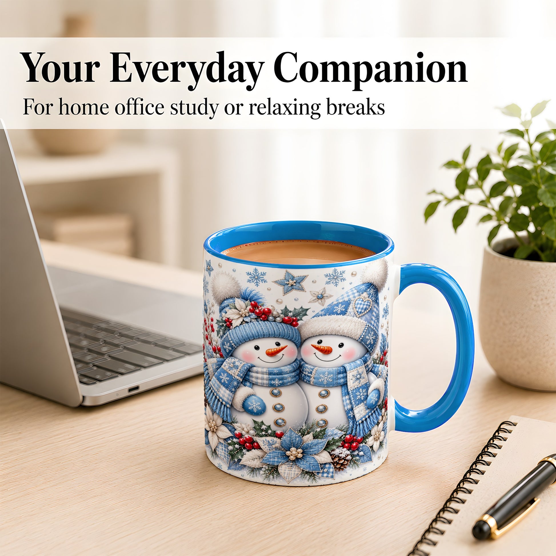 #pl[11oz|Blue] Snowman Couple Christmas Coffee Mug, Patchwork Winter Mug, Ceramic Cup