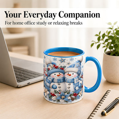 #pl[11oz|Blue] Snowman Couple Christmas Coffee Mug, Patchwork Winter Mug, Ceramic Cup