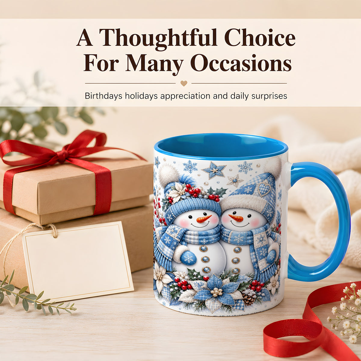#pl[11oz|Blue] Snowman Couple Christmas Coffee Mug, Patchwork Winter Mug, Ceramic Cup