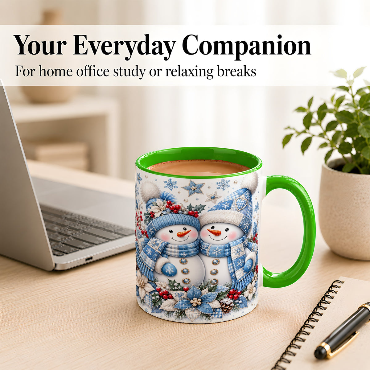 #pl[11oz|Green] Snowman Couple Christmas Coffee Mug, Patchwork Winter Mug, Ceramic Cup
