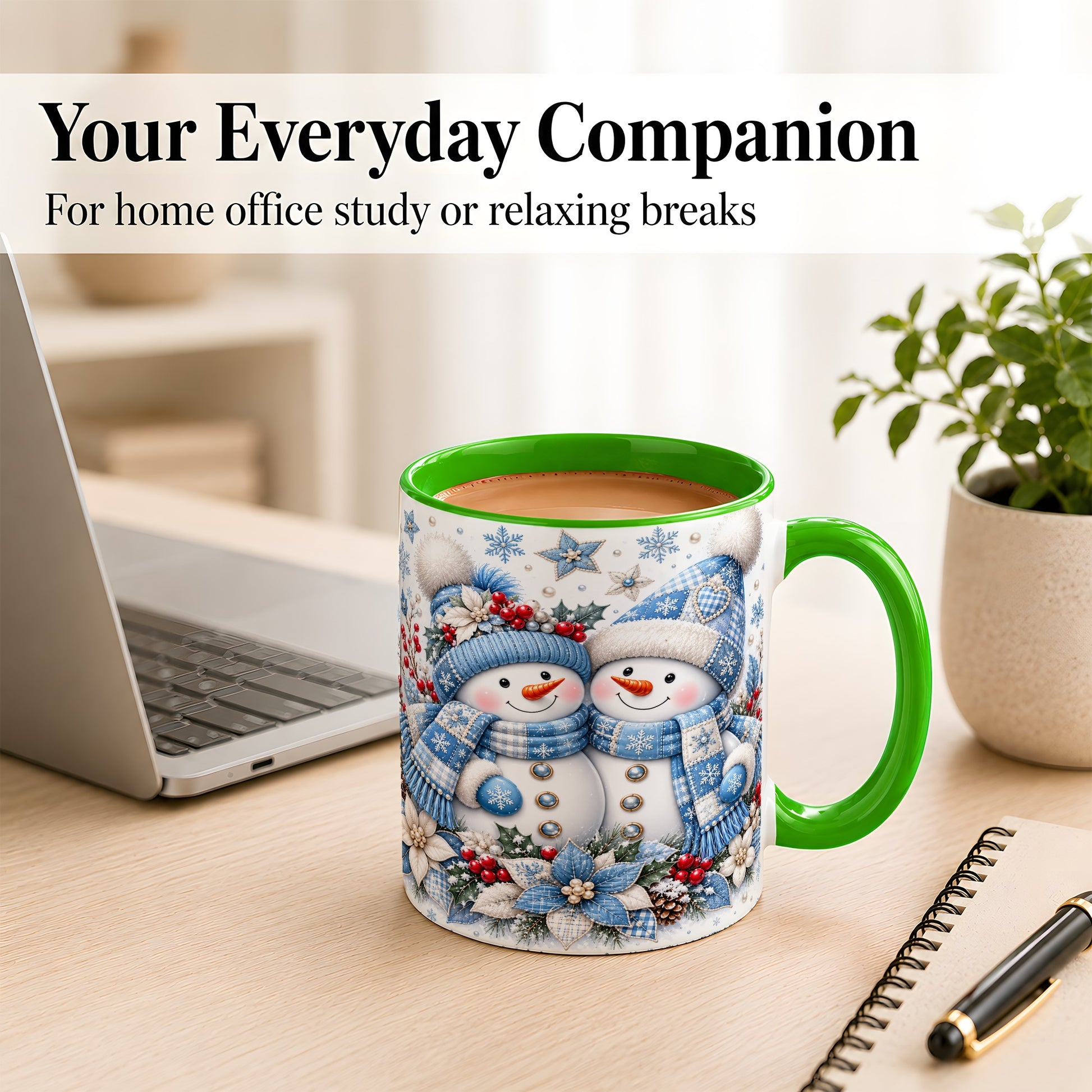 #pl[11oz|Green] Snowman Couple Christmas Coffee Mug, Patchwork Winter Mug, Ceramic Cup