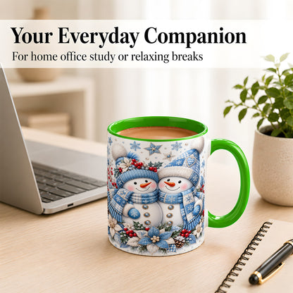 #pl[11oz|Green] Snowman Couple Christmas Coffee Mug, Patchwork Winter Mug, Ceramic Cup