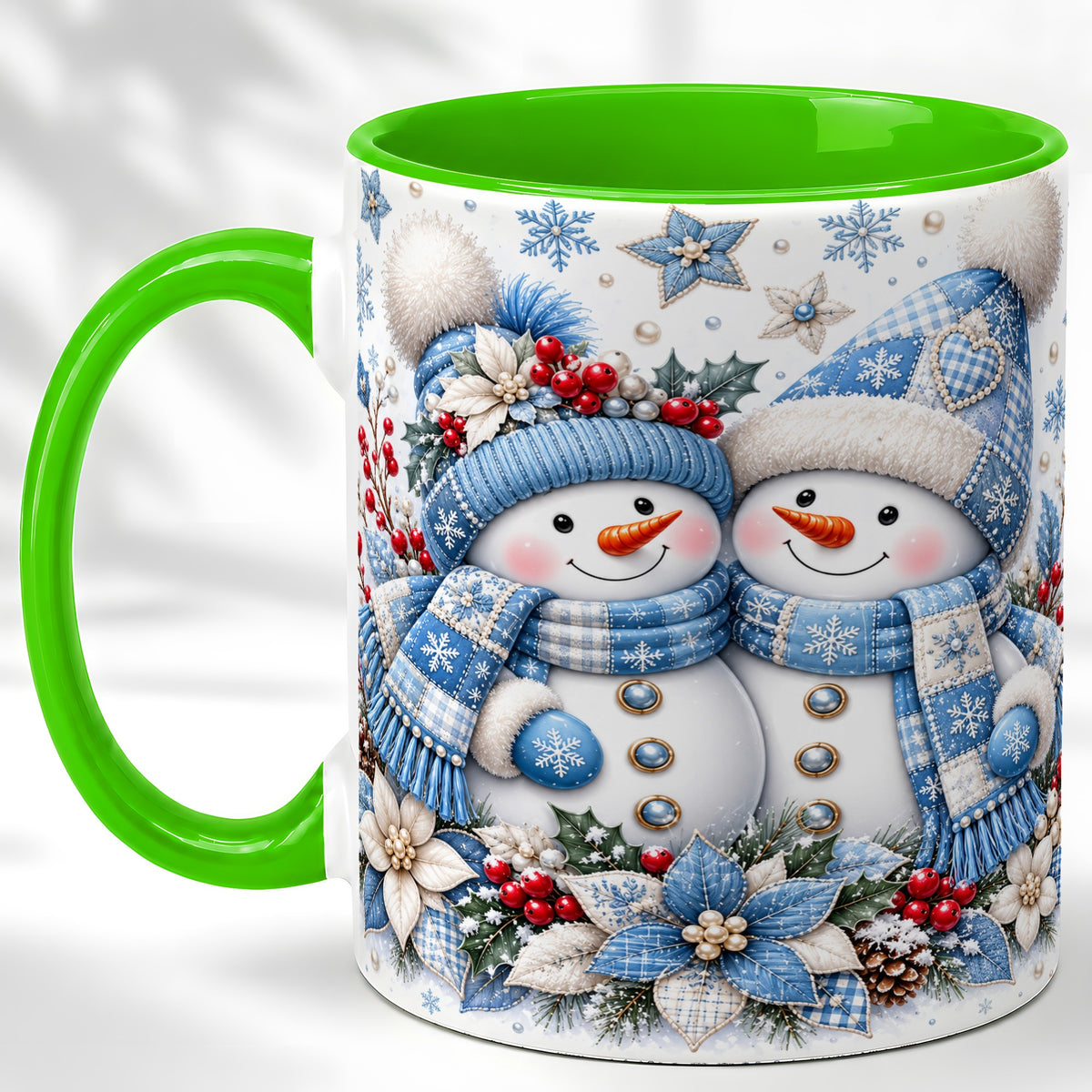 #pl[11oz|Green] Snowman Couple Christmas Coffee Mug, Patchwork Winter Mug, Ceramic Cup
