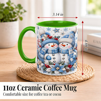 #pl[11oz|Green] Snowman Couple Christmas Coffee Mug, Patchwork Winter Mug, Ceramic Cup