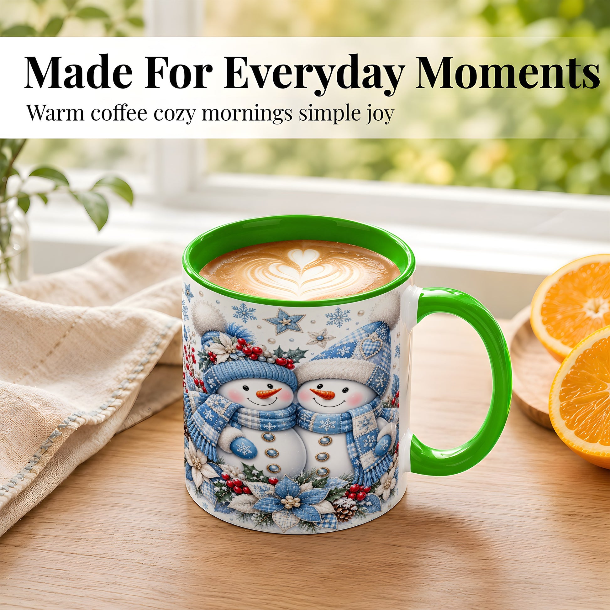 #pl[11oz|Green] Snowman Couple Christmas Coffee Mug, Patchwork Winter Mug, Ceramic Cup