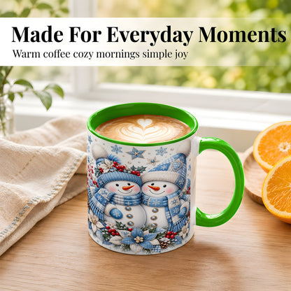 #pl[11oz|Green] Snowman Couple Christmas Coffee Mug, Patchwork Winter Mug, Ceramic Cup