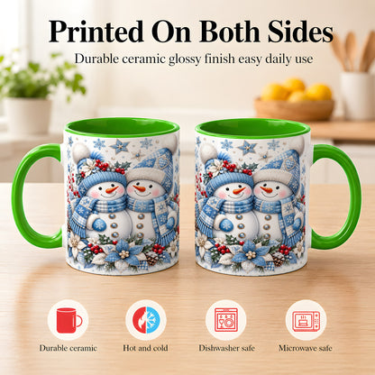 #pl[11oz|Green] Snowman Couple Christmas Coffee Mug, Patchwork Winter Mug, Ceramic Cup