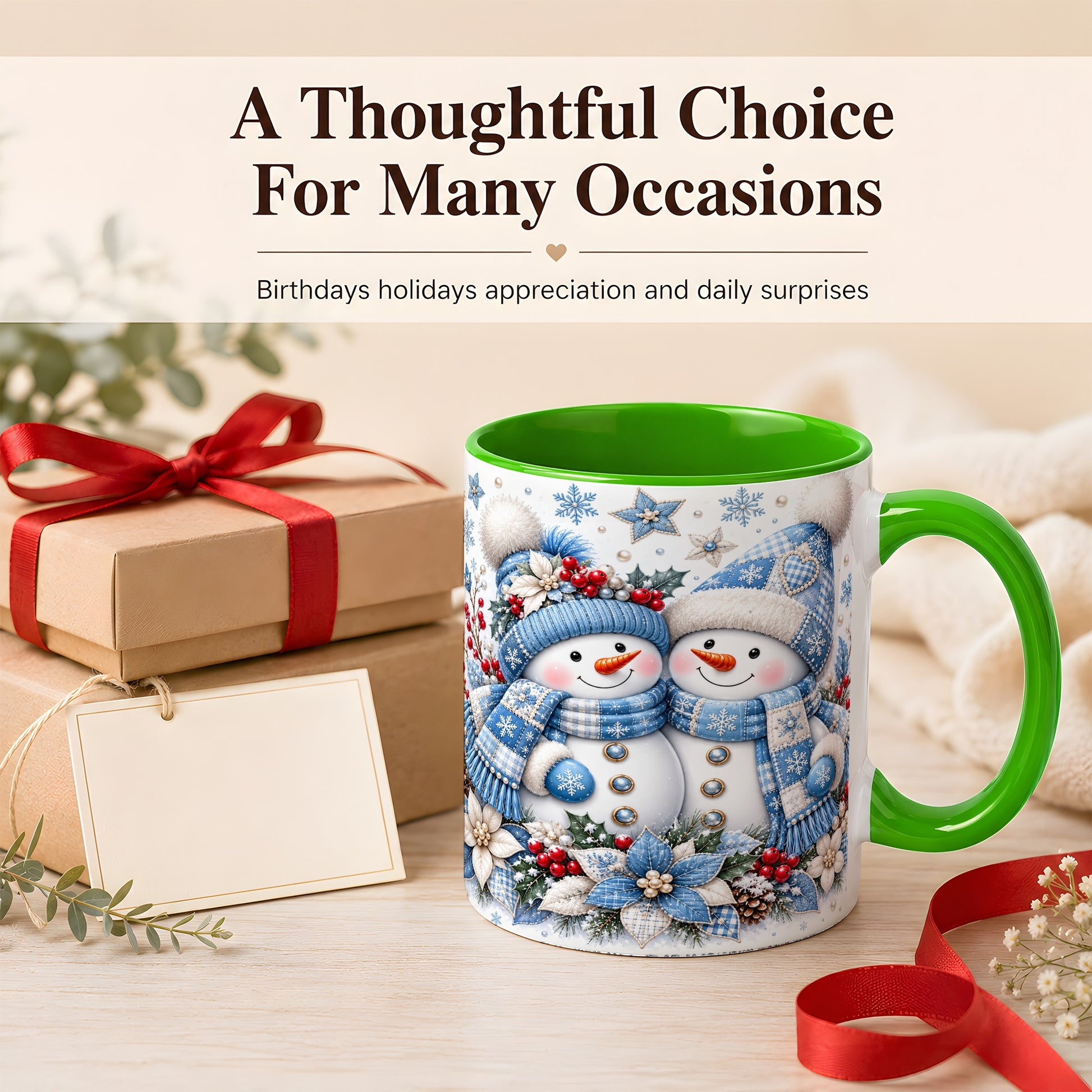 #pl[11oz|Green] Snowman Couple Christmas Coffee Mug, Patchwork Winter Mug, Ceramic Cup