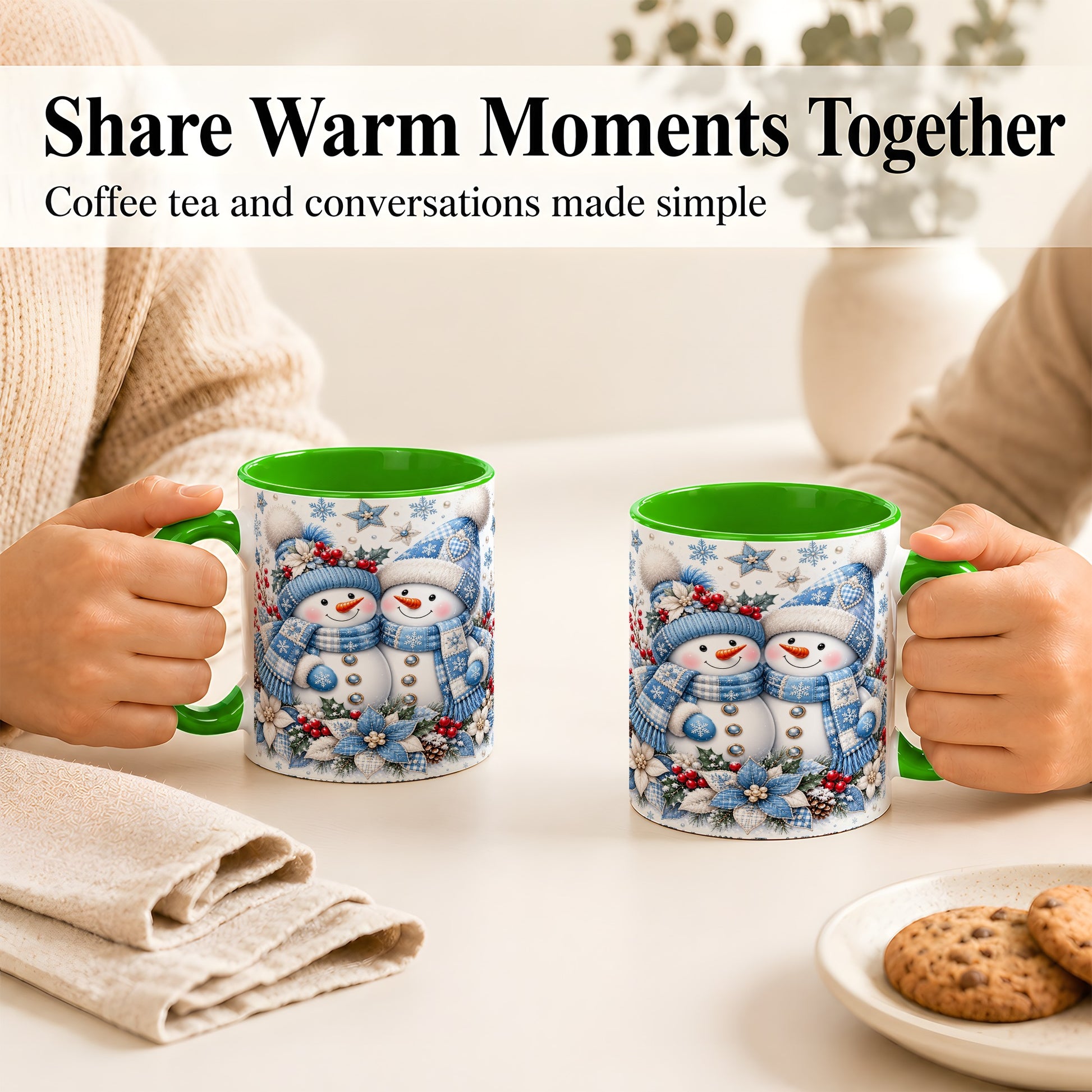 #pl[11oz|Green] Snowman Couple Christmas Coffee Mug, Patchwork Winter Mug, Ceramic Cup