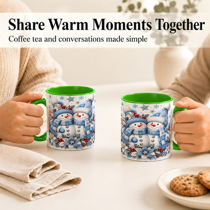 #pl[11oz|Green] Snowman Couple Christmas Coffee Mug, Patchwork Winter Mug, Ceramic Cup