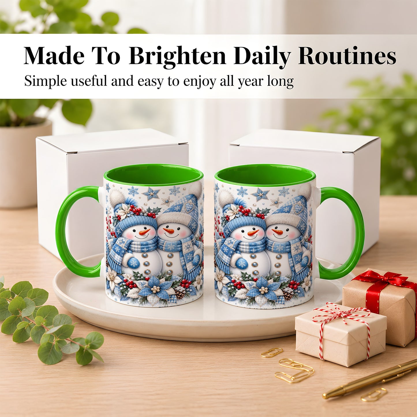 #pl[11oz|Green] Snowman Couple Christmas Coffee Mug, Patchwork Winter Mug, Ceramic Cup