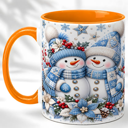 #pl[11oz|Orange] Snowman Couple Christmas Coffee Mug, Patchwork Winter Mug, Ceramic Cup