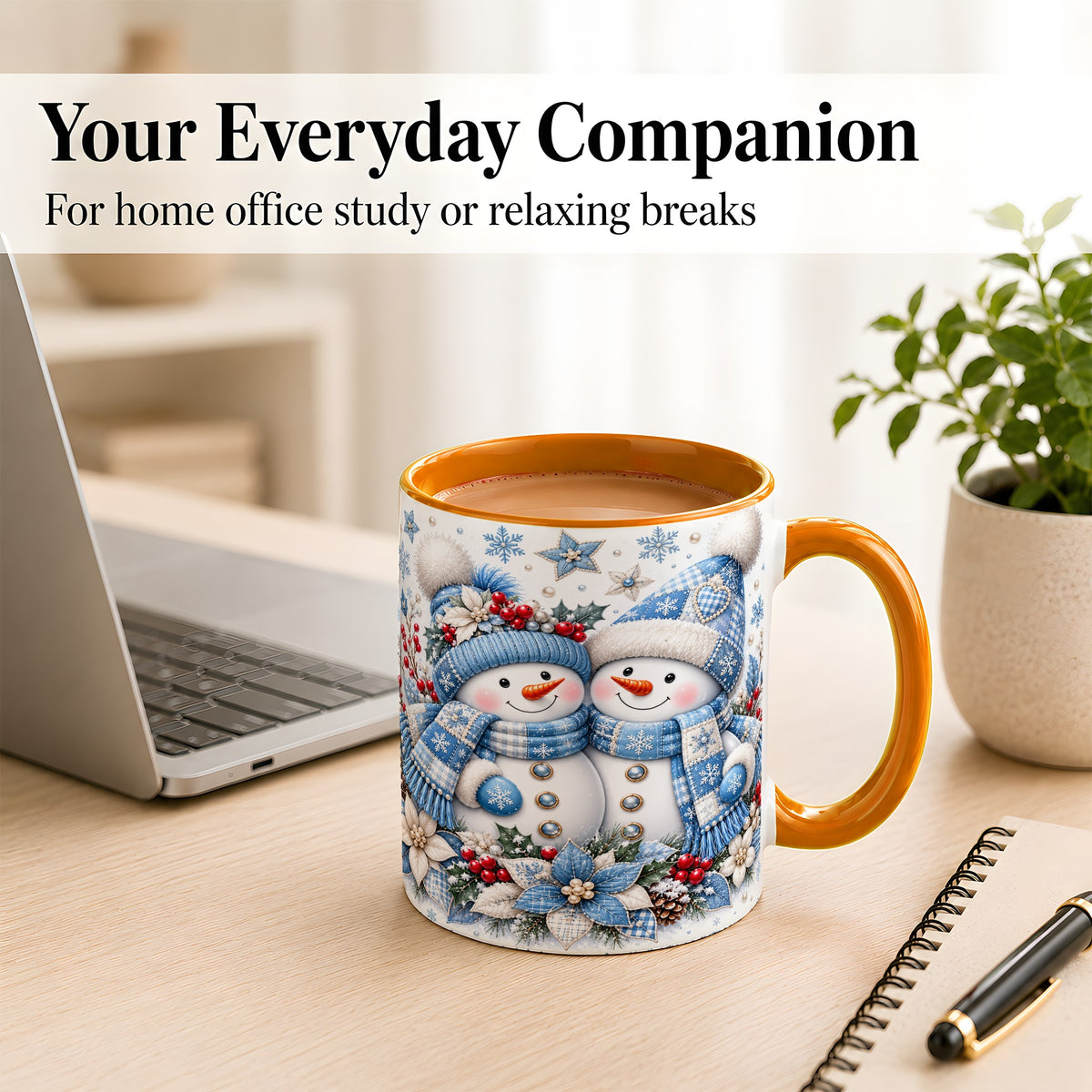 #pl[11oz|Orange] Snowman Couple Christmas Coffee Mug, Patchwork Winter Mug, Ceramic Cup