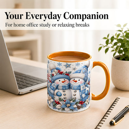 #pl[11oz|Orange] Snowman Couple Christmas Coffee Mug, Patchwork Winter Mug, Ceramic Cup