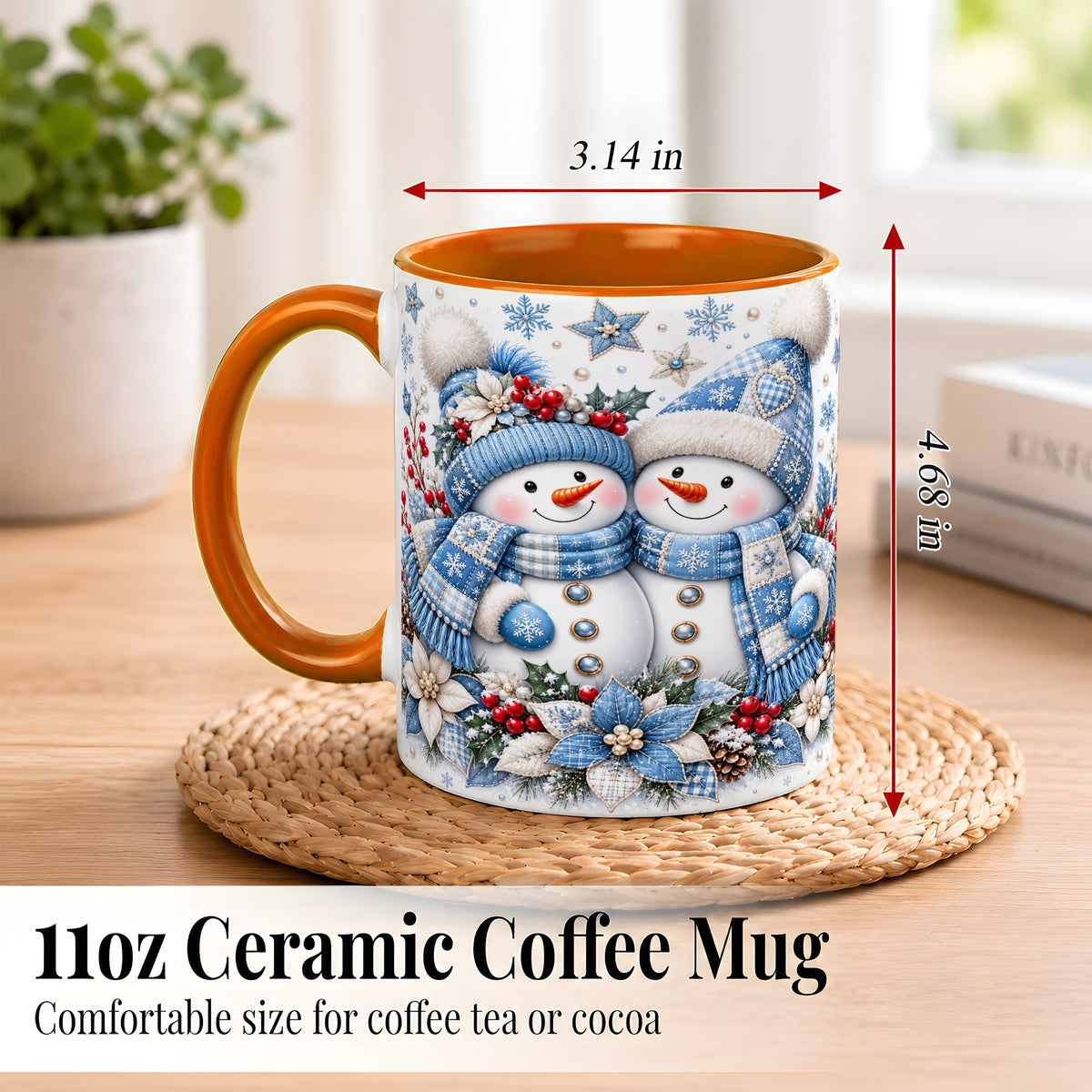#pl[11oz|Orange] Snowman Couple Christmas Coffee Mug, Patchwork Winter Mug, Ceramic Cup