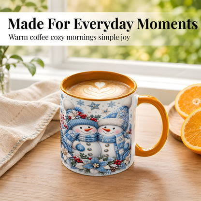 #pl[11oz|Orange] Snowman Couple Christmas Coffee Mug, Patchwork Winter Mug, Ceramic Cup