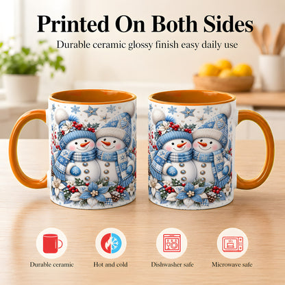 #pl[11oz|Orange] Snowman Couple Christmas Coffee Mug, Patchwork Winter Mug, Ceramic Cup
