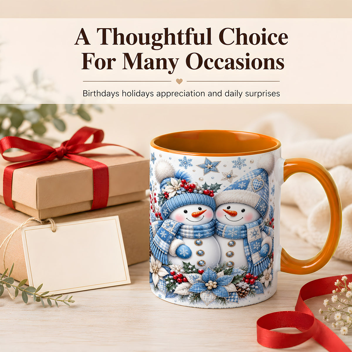 #pl[11oz|Orange] Snowman Couple Christmas Coffee Mug, Patchwork Winter Mug, Ceramic Cup