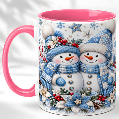 #pl[11oz|Pink] Snowman Couple Christmas Coffee Mug, Patchwork Winter Mug, Ceramic Cup