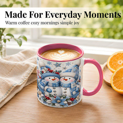 #pl[11oz|Pink] Snowman Couple Christmas Coffee Mug, Patchwork Winter Mug, Ceramic Cup