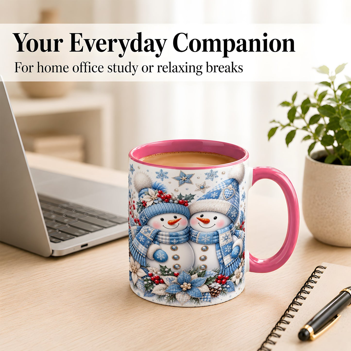 #pl[11oz|Pink] Snowman Couple Christmas Coffee Mug, Patchwork Winter Mug, Ceramic Cup