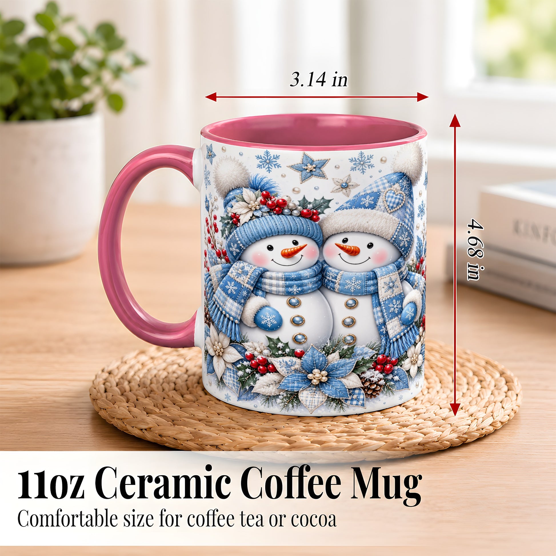 #pl[11oz|Pink] Snowman Couple Christmas Coffee Mug, Patchwork Winter Mug, Ceramic Cup
