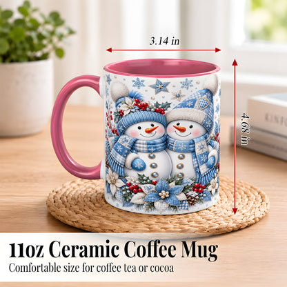 #pl[11oz|Pink] Snowman Couple Christmas Coffee Mug, Patchwork Winter Mug, Ceramic Cup