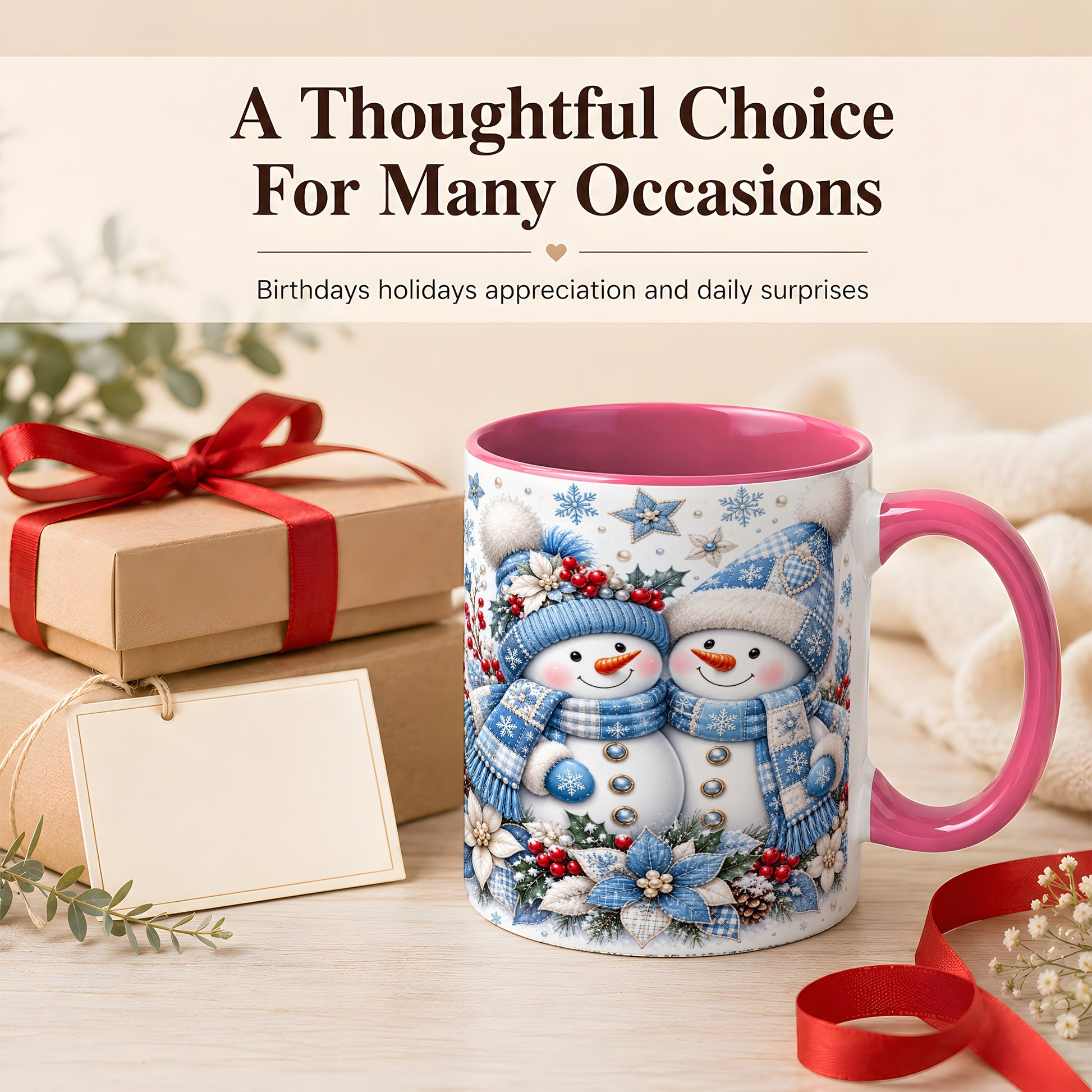 #pl[11oz|Pink] Snowman Couple Christmas Coffee Mug, Patchwork Winter Mug, Ceramic Cup