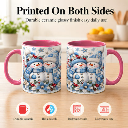 #pl[11oz|Pink] Snowman Couple Christmas Coffee Mug, Patchwork Winter Mug, Ceramic Cup