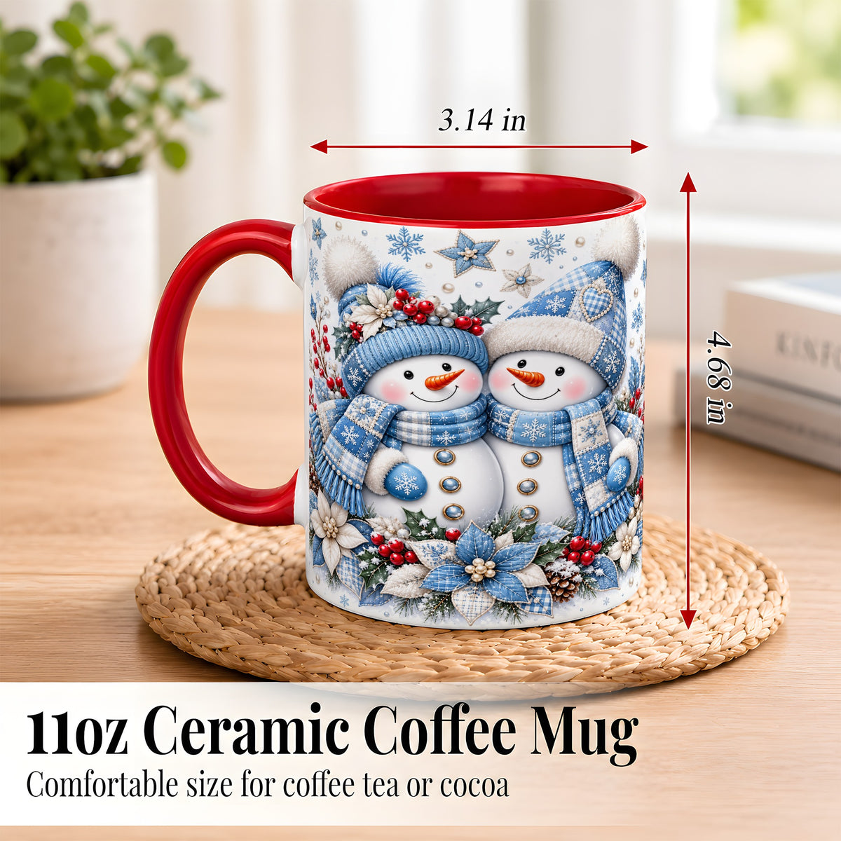 #pl[11oz|Red] Snowman Couple Christmas Coffee Mug, Patchwork Winter Mug, Ceramic Cup