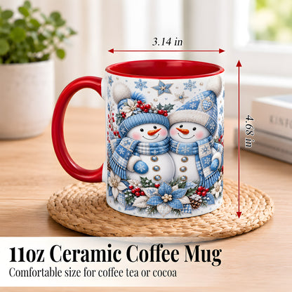 #pl[11oz|Red] Snowman Couple Christmas Coffee Mug, Patchwork Winter Mug, Ceramic Cup