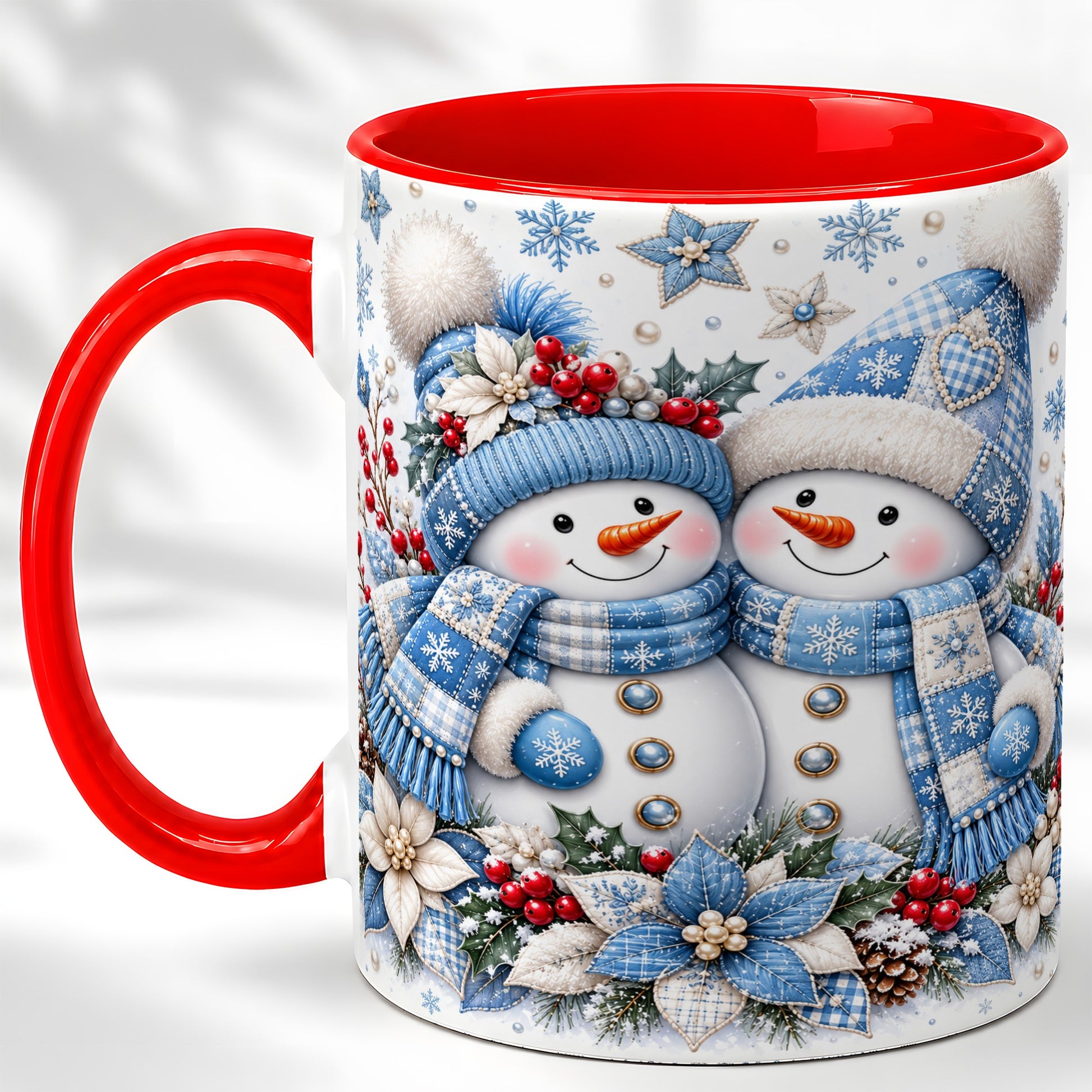 Snowman Couple Christmas Coffee Mug, Patchwork Winter Mug, Ceramic Cup
