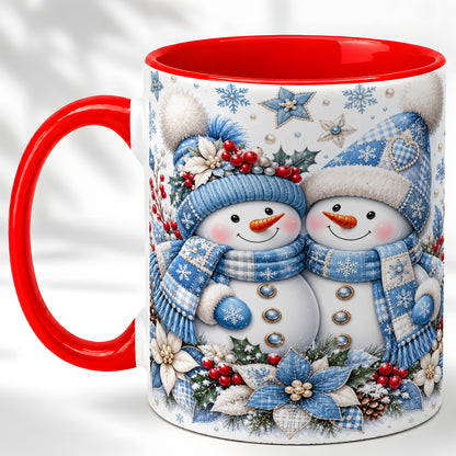 Snowman Couple Christmas Coffee Mug, Patchwork Winter Mug, Ceramic Cup