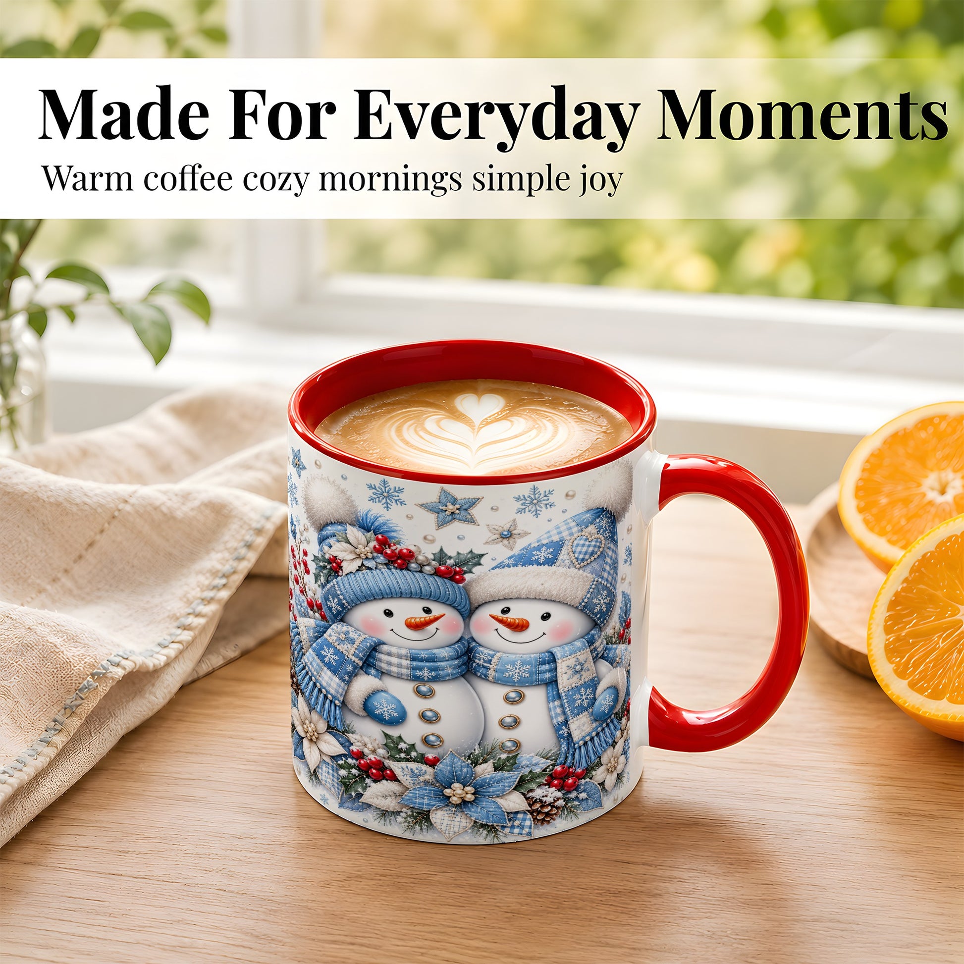 #pl[11oz|Red] Snowman Couple Christmas Coffee Mug, Patchwork Winter Mug, Ceramic Cup