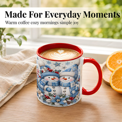 #pl[11oz|Red] Snowman Couple Christmas Coffee Mug, Patchwork Winter Mug, Ceramic Cup
