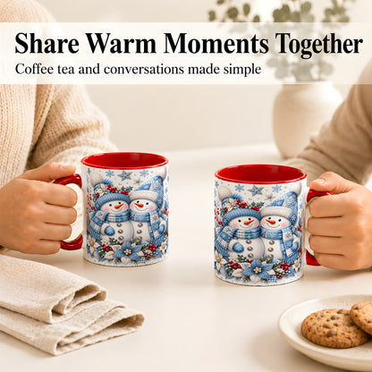 #pl[11oz|Red] Snowman Couple Christmas Coffee Mug, Patchwork Winter Mug, Ceramic Cup