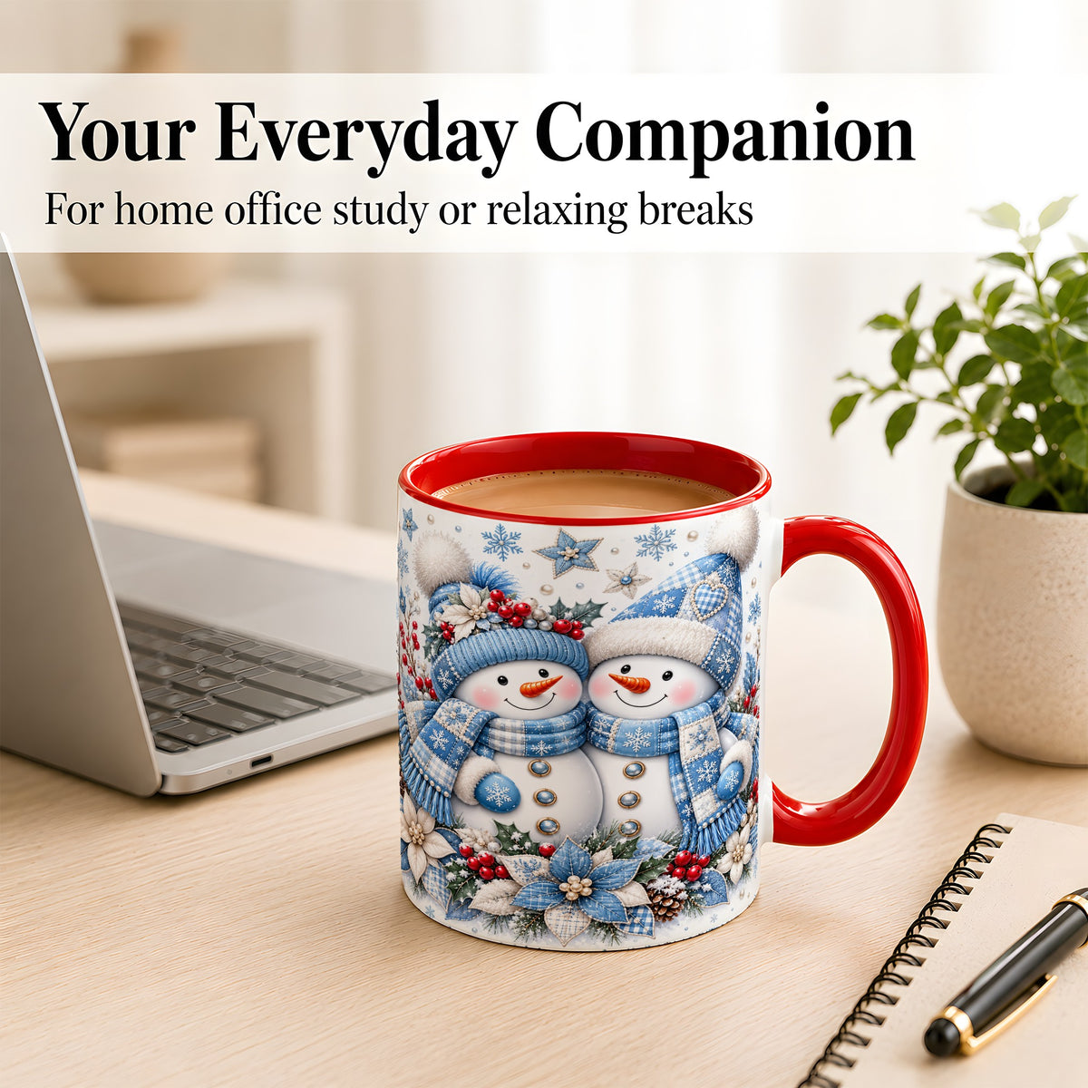 #pl[11oz|Red] Snowman Couple Christmas Coffee Mug, Patchwork Winter Mug, Ceramic Cup