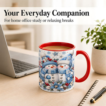#pl[11oz|Red] Snowman Couple Christmas Coffee Mug, Patchwork Winter Mug, Ceramic Cup