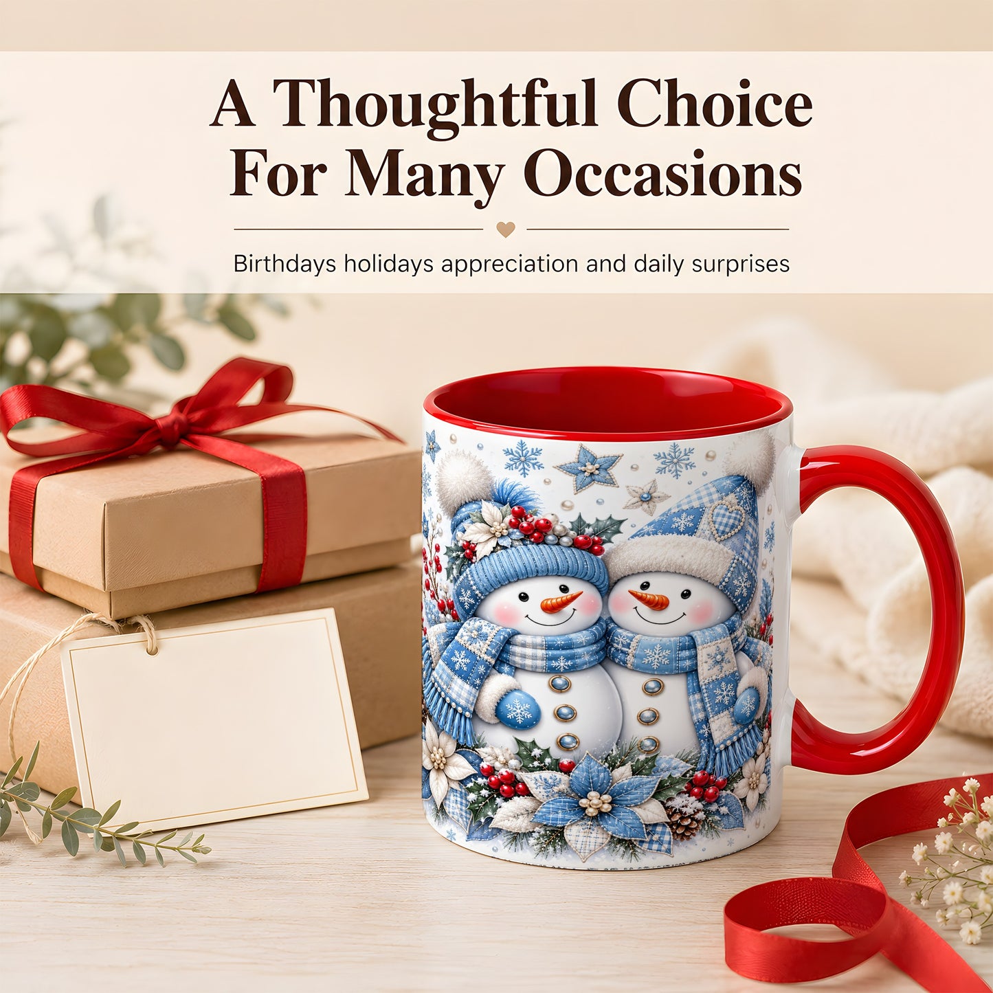 #pl[11oz|Red] Snowman Couple Christmas Coffee Mug, Patchwork Winter Mug, Ceramic Cup
