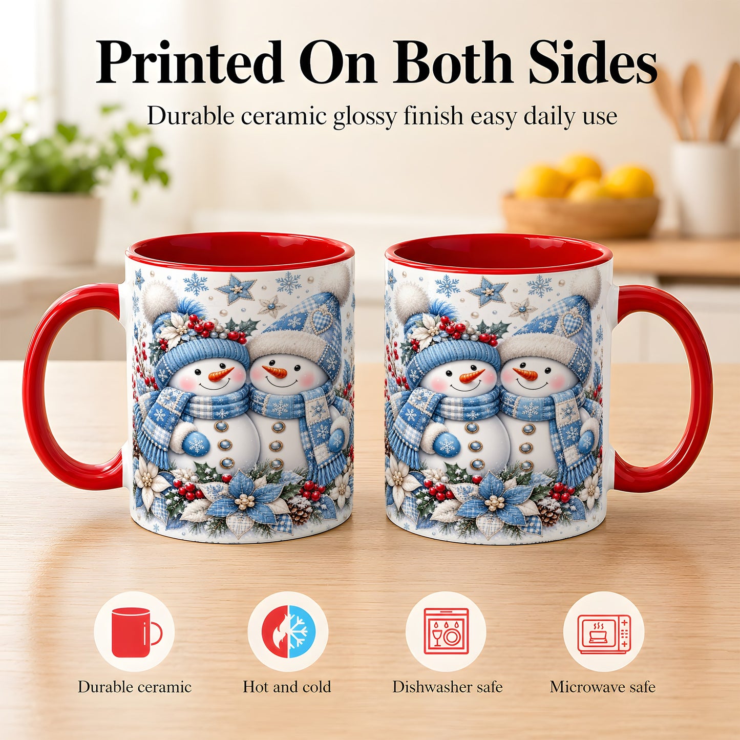 #pl[11oz|Red] Snowman Couple Christmas Coffee Mug, Patchwork Winter Mug, Ceramic Cup