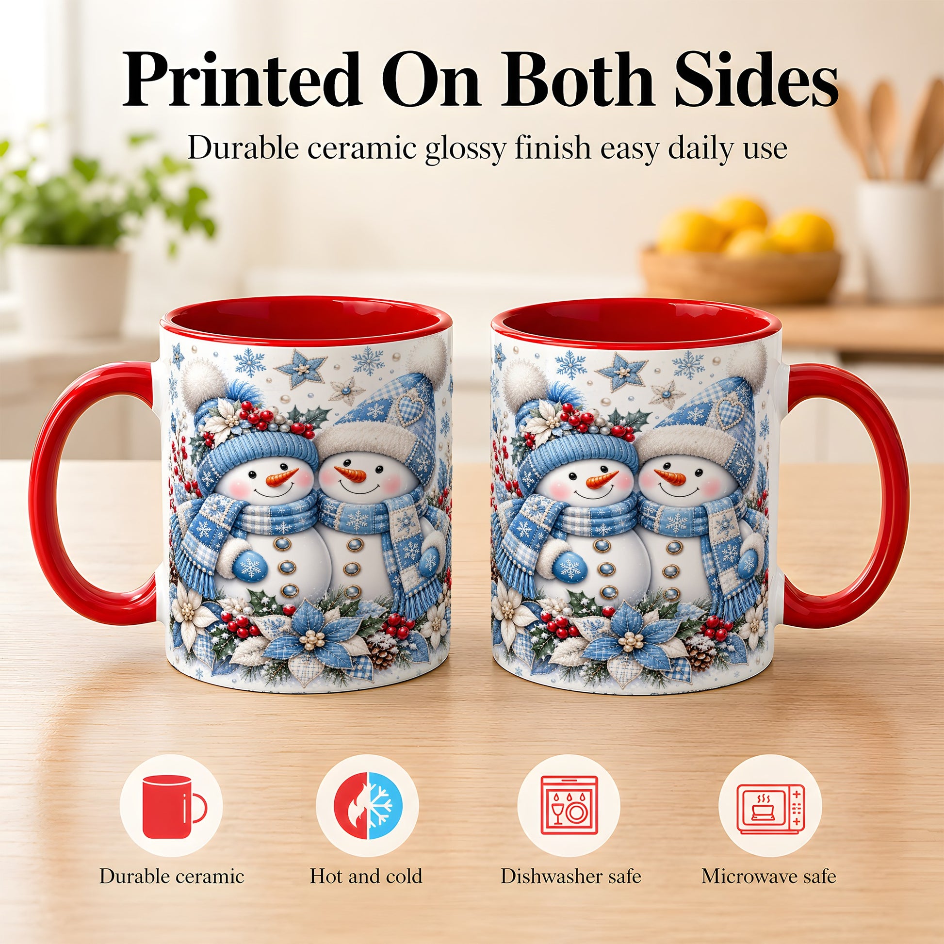 #pl[11oz|Red] Snowman Couple Christmas Coffee Mug, Patchwork Winter Mug, Ceramic Cup