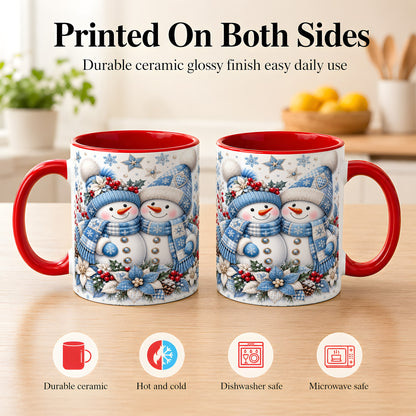 #pl[11oz|Red] Snowman Couple Christmas Coffee Mug, Patchwork Winter Mug, Ceramic Cup