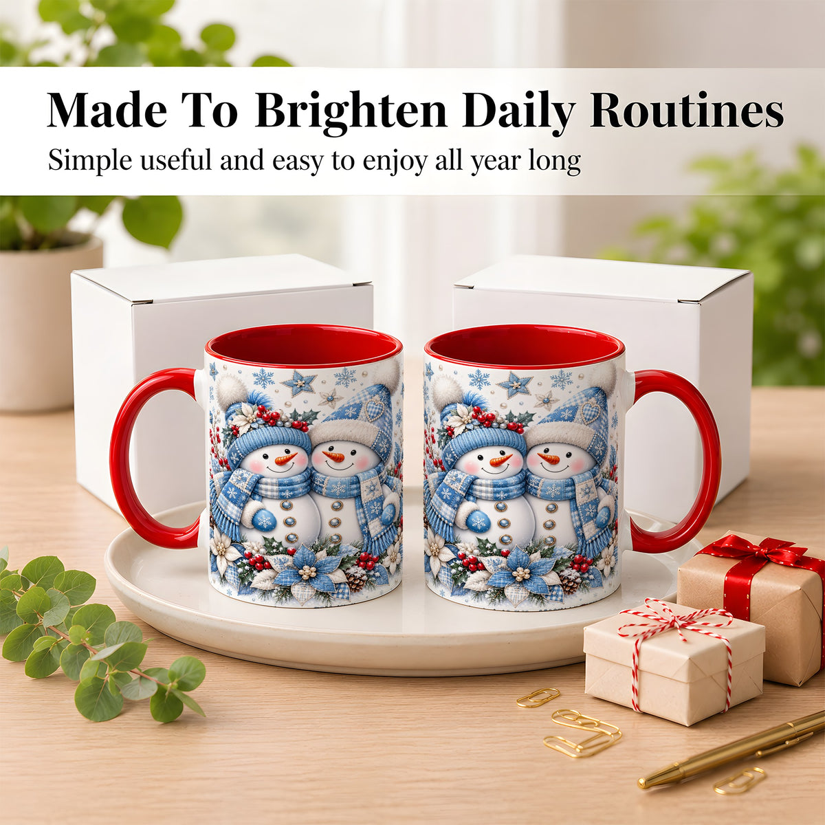 #pl[11oz|Red] Snowman Couple Christmas Coffee Mug, Patchwork Winter Mug, Ceramic Cup