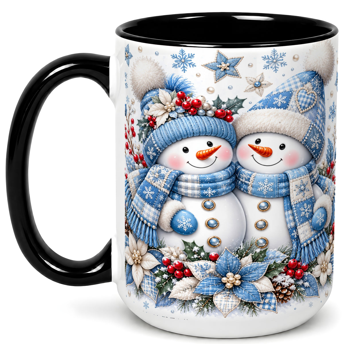 #pl[15oz|Black] Snowman Couple Christmas Coffee Mug, Patchwork Winter Mug, Ceramic Cup