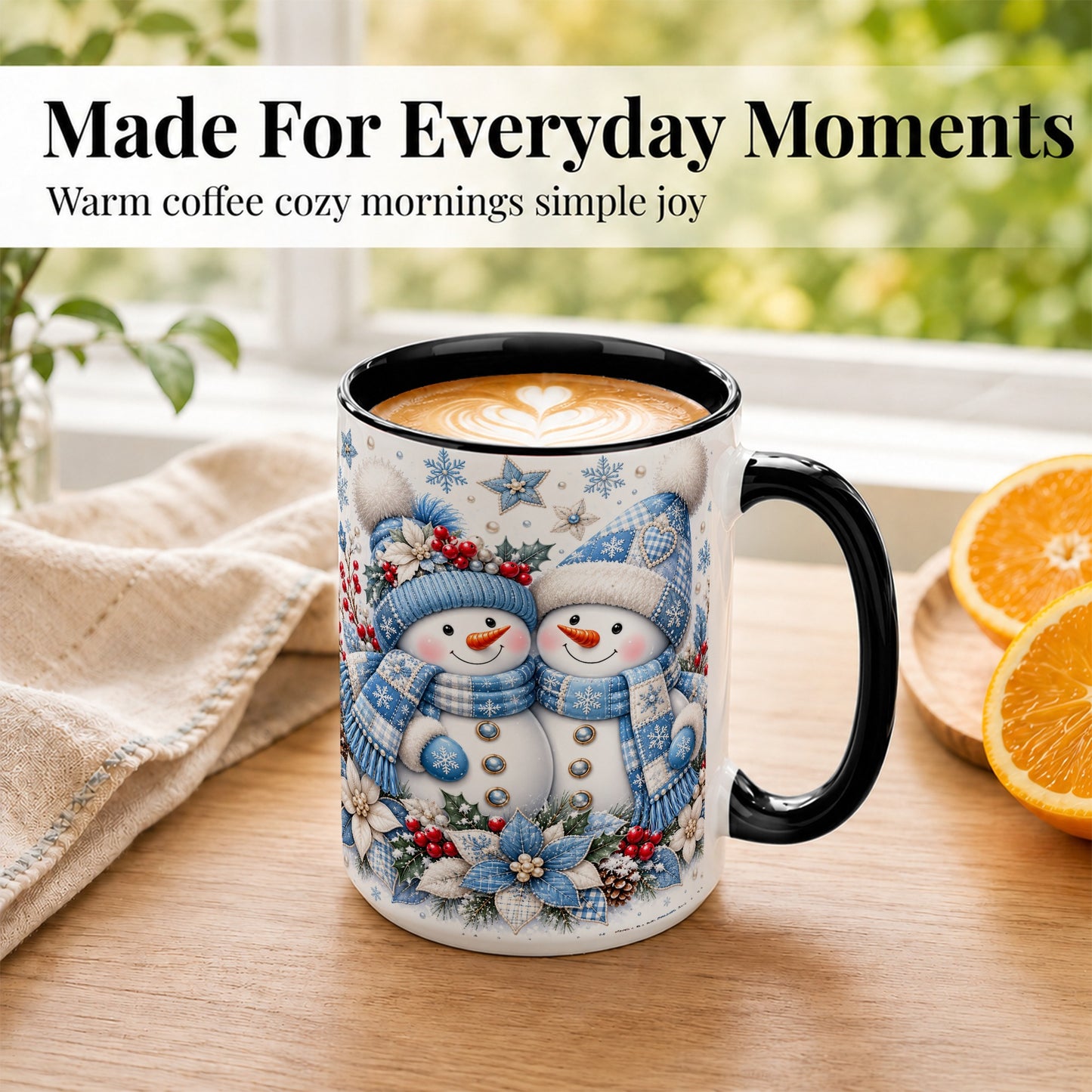 #pl[15oz|Black] Snowman Couple Christmas Coffee Mug, Patchwork Winter Mug, Ceramic Cup