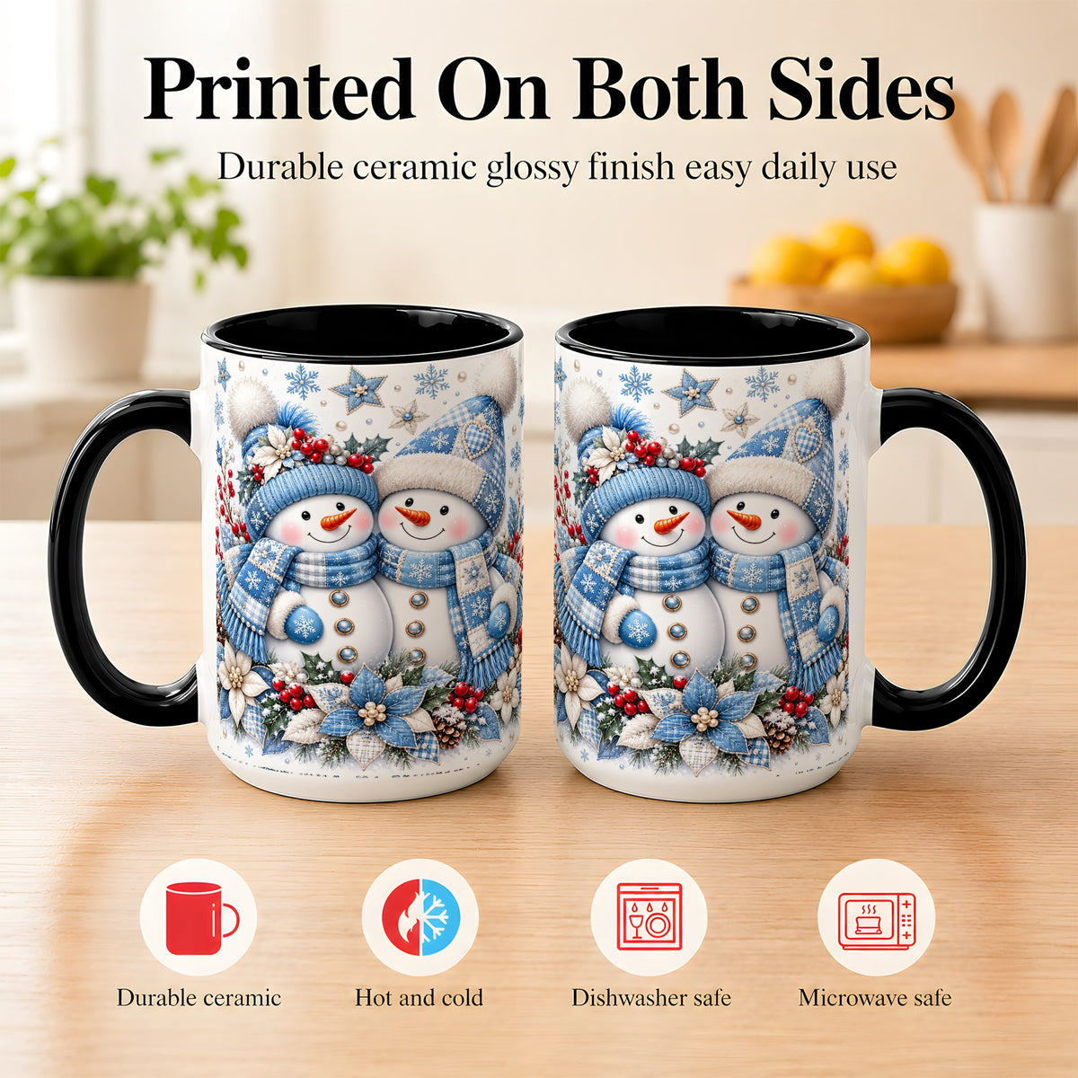 #pl[15oz|Black] Snowman Couple Christmas Coffee Mug, Patchwork Winter Mug, Ceramic Cup